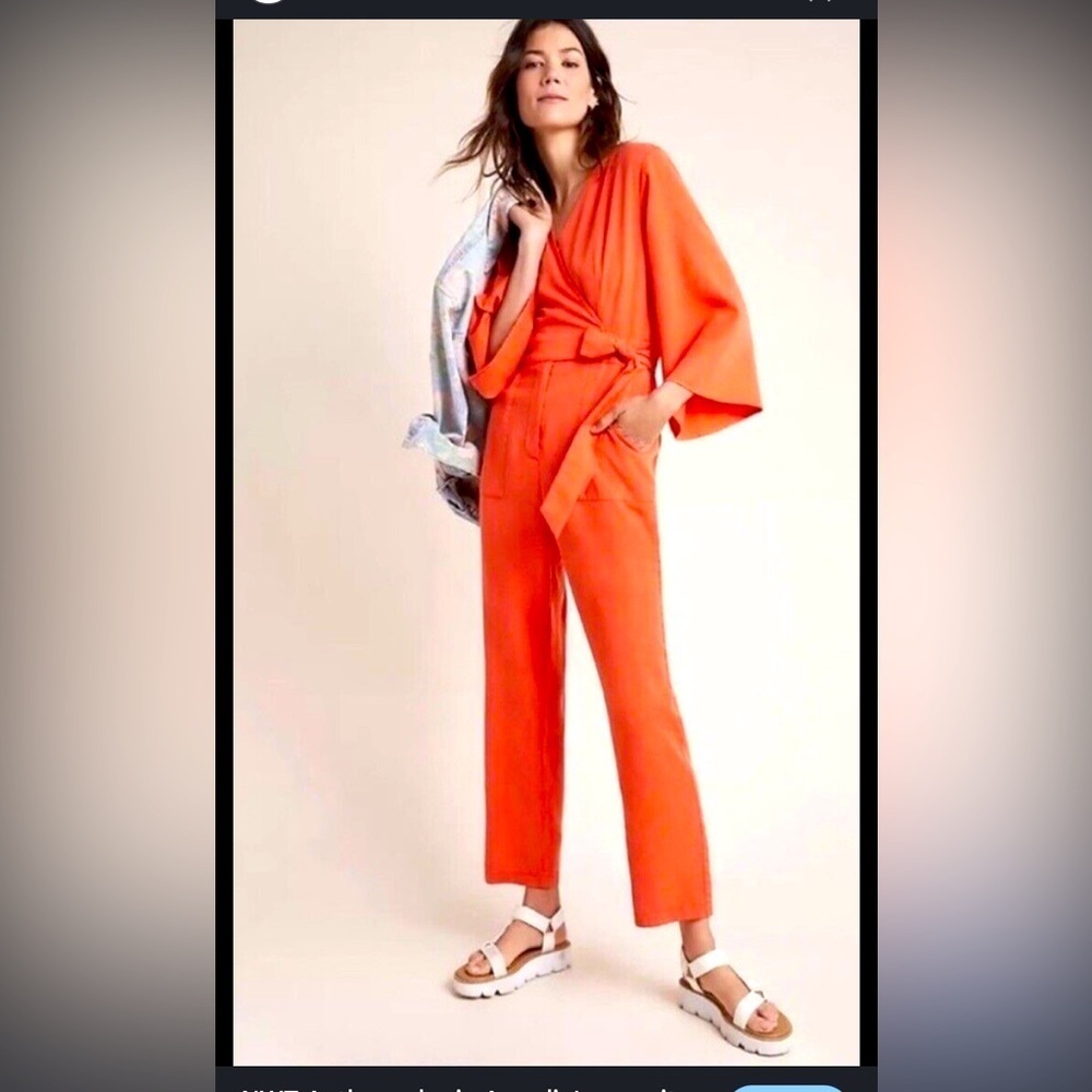 Orange Anthropologie Amadi wrap Jumpsuit casual boho fall classic bow $120